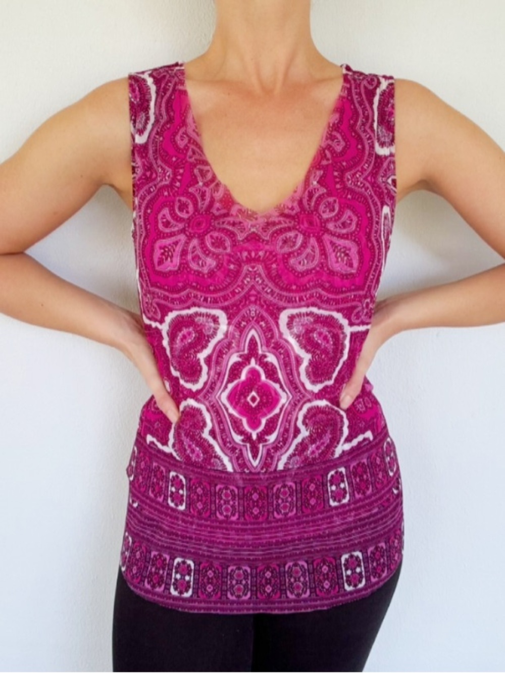 INC International Concepts pink mesh cut out back medallion print blouse large